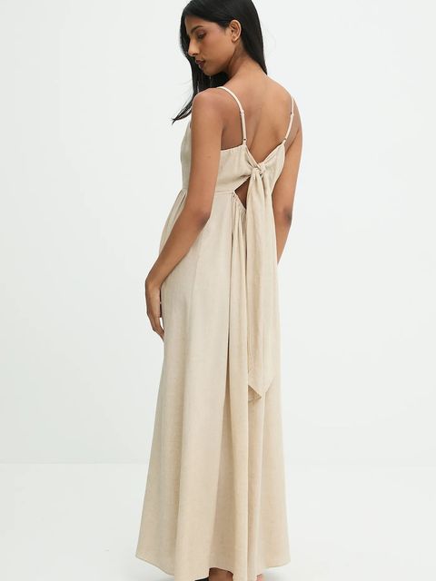 Answear.LAB sukienka z lnem kolor beżowy maxi rozkloszowana