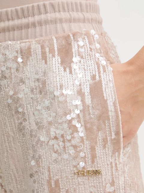 Guess spodnie dresowe welurowe damskie kolor beżowy z aplikacją V5BB01 K1922