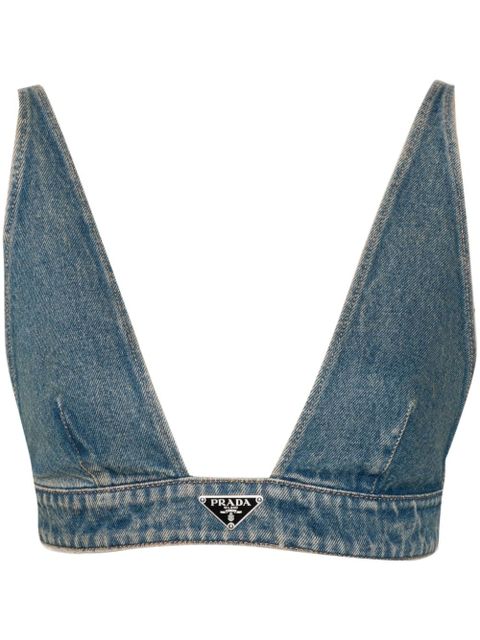 Prada triangle-logo denim crop top - Blue