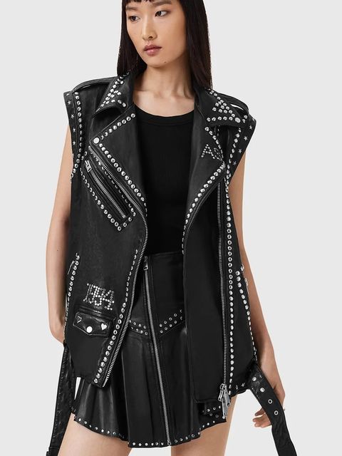 AllSaints bezrękawnik skórzany BILLIE kolor czarny przejściowa oversize W051LC