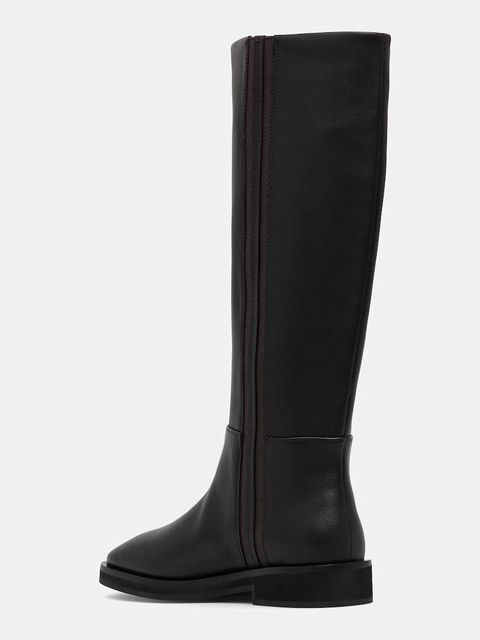 Calvin Klein kozaki skórzane FORMAL UTK BOOT LTH damskie kolor brązowy na płaskim obcasie HW0HW02599