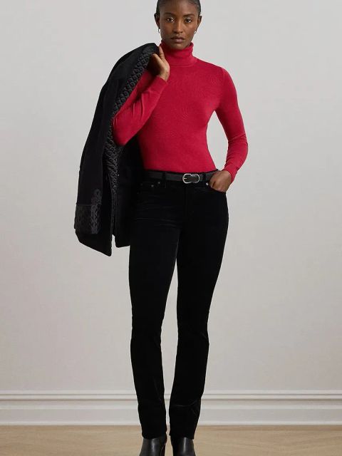 Lauren Ralph Lauren sweter z domieszką jedwabiu kolor czerwony lekki z golfem 200940470