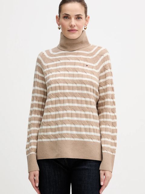 Tommy Hilfiger sweter wełniany damski kolor beżowy lekki z golfem WW0WW46791 - zdjęcie produktu nr 1