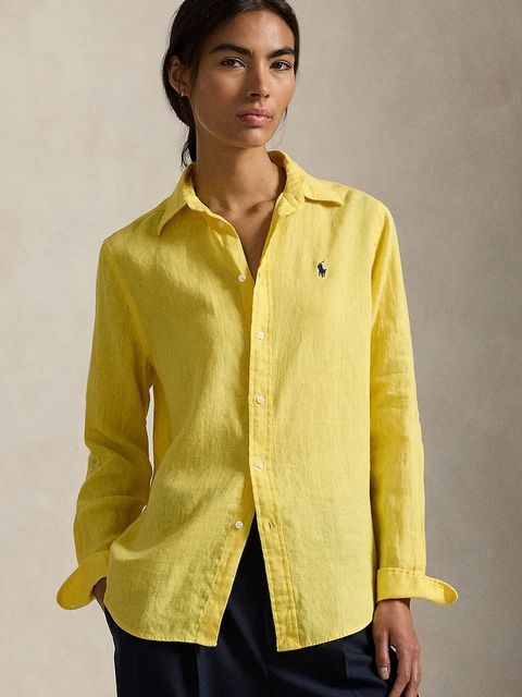 Polo Ralph Lauren koszula lniana kolor żółty relaxed z kołnierzykiem klasycznym 211970730 - zdjęcie produktu nr 1