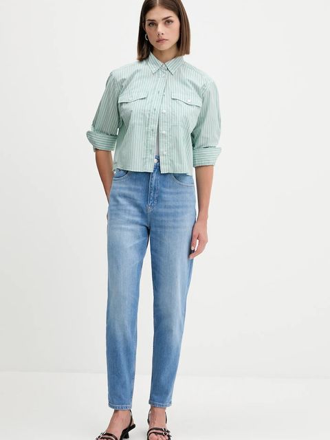 Tommy Jeans koszula bawełniana damska kolor zielony relaxed z kołnierzykiem klasycznym DW0DW21453