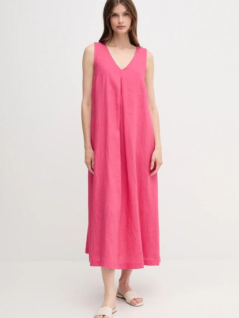 United Colors of Benetton sukienka lniana kolor różowy maxi rozkloszowana - zdjęcie produktu nr 1