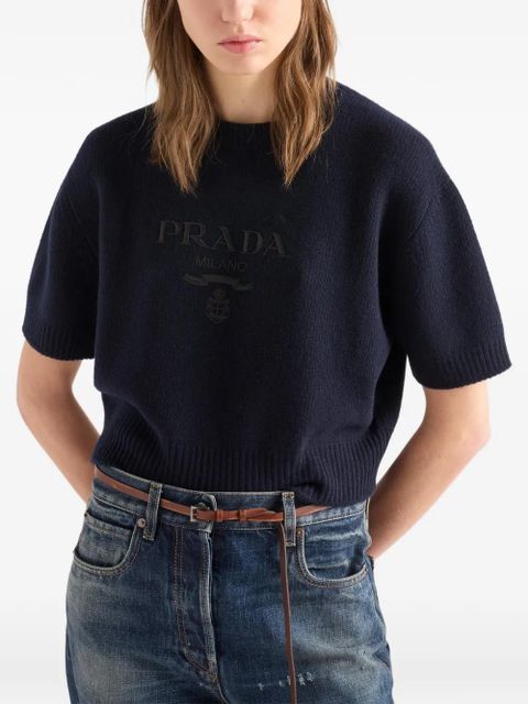 Prada logo-embroidered crew-neck knitwear - Blue