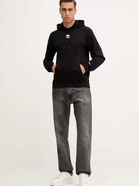 Lacoste bluza bawełniana kolor czarny z kapturem z nadrukiem SH2740