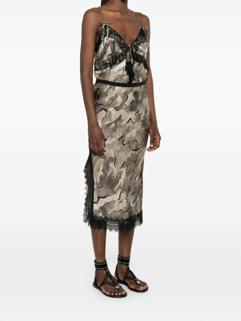 PINKO camouflage-print lace-trim midi skirt - Neutrals