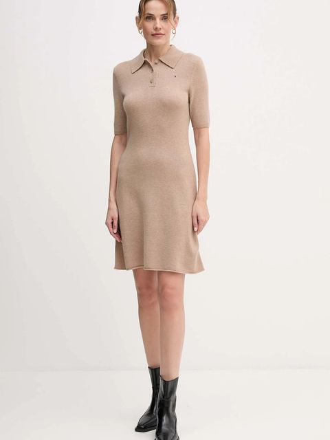 Tommy Hilfiger sukienka wełniana kolor beżowy mini rozkloszowana WW0WW46436 - zdjęcie produktu nr 2