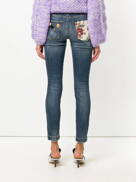 Dolce & Gabbana button embellished and brocade appliqué distressed jeans - Blue