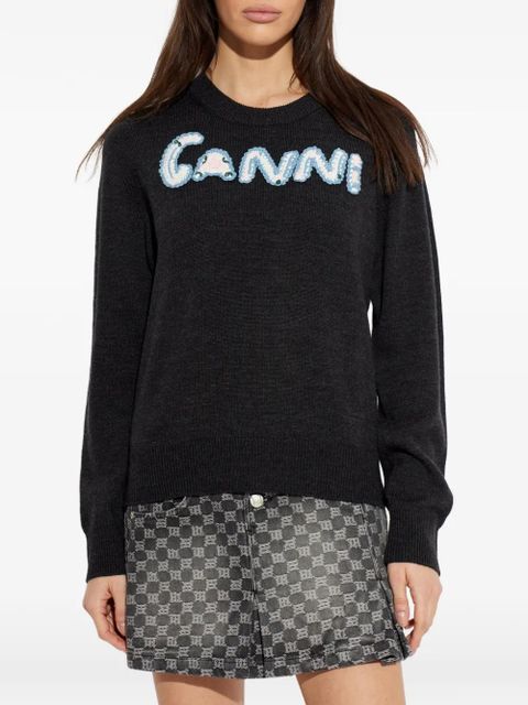 GANNI appliqué crew neck knitwear - Grey