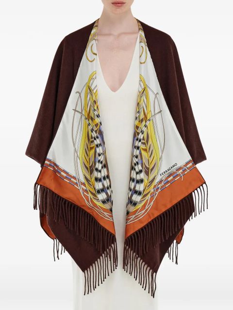 Ferragamo Rooster-print fringed reversible poncho - Brown - zdjęcie produktu nr 2