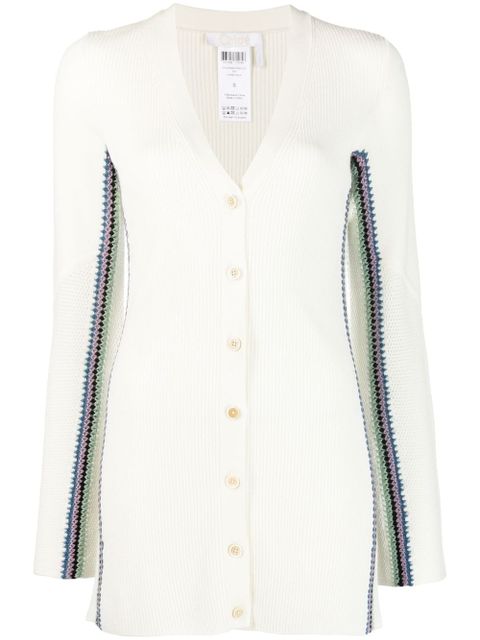 Chloé stripe-detail long wool cardigan - White