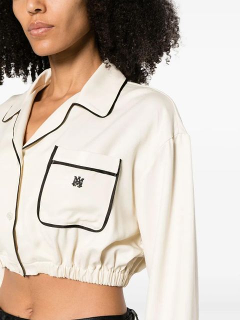 AMIRI logo-embroidered satin-finish cropped shirt - Neutrals
