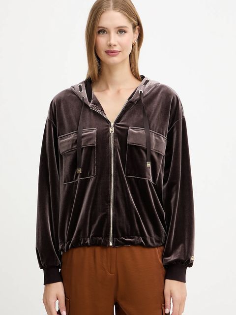 Liu Jo bluza welurowa damska kolor brązowy z kapturem gładka TF5108.J4955 - zdjęcie produktu nr 1