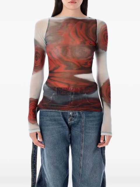 Jean Paul Gaultier rose-print mesh top - Red - zdjęcie produktu nr 1