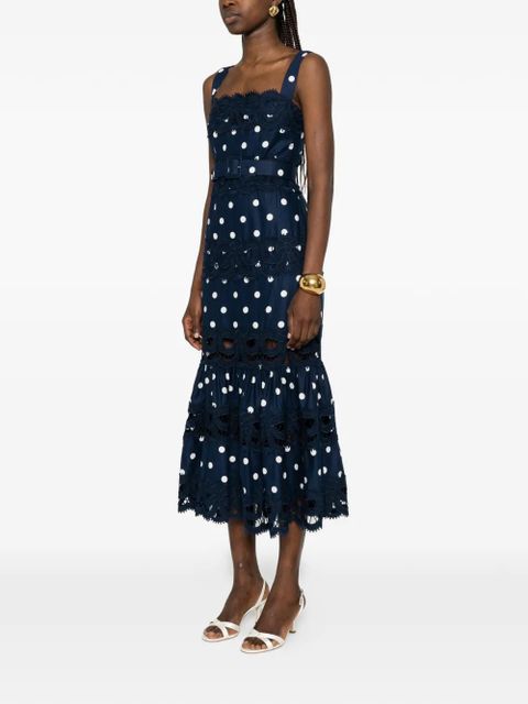 Self-Portrait polka-dot scallop-trims midi dress - Blue