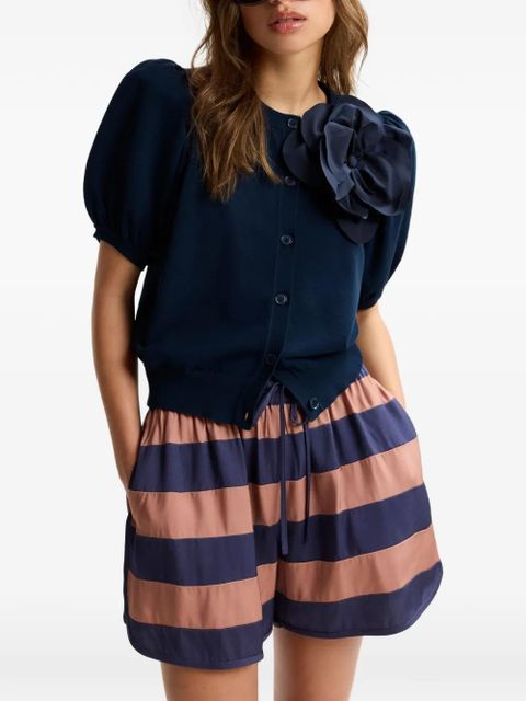 Essentiel Antwerp flower-brooch puffed-sleeve cardigan - Blue