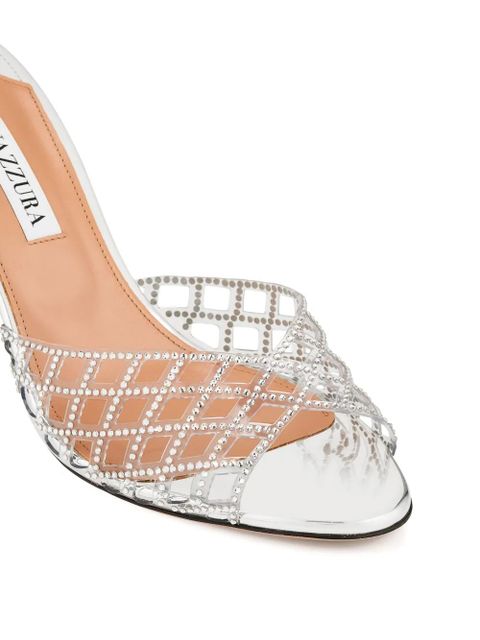 Aquazzura 75mm crystal-embellished lattice mules - Grey