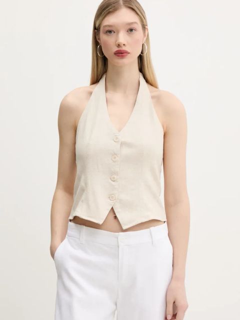 Hollister Co. kamizelka lniana damskie kolor beżowy jednorzędowa KI340-5071