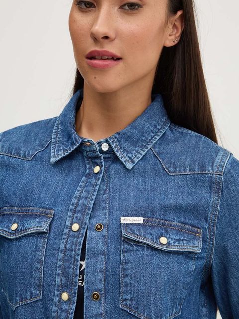 Guess Jeans koszula jeansowa damska kolor niebieski slim z kołnierzykiem klasycznym W4YH35 D5EI3