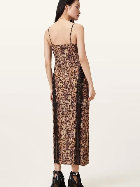 AllSaints sukienka MELIA kolor brązowy maxi rozkloszowana W103DC