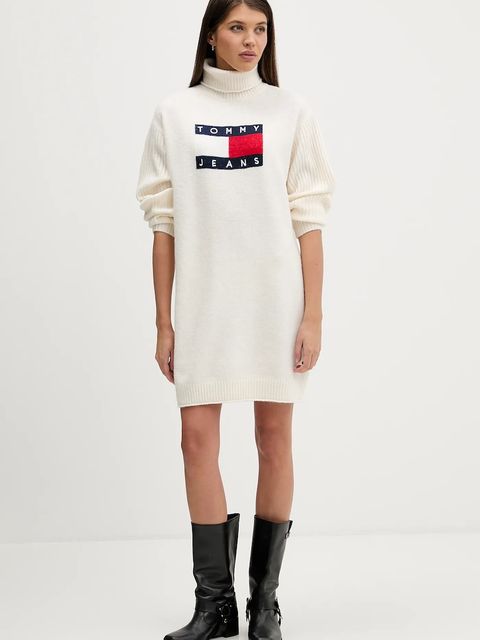 Tommy Jeans sukienka z domieszką wełny kolor beżowy mini prosta DW0DW21908