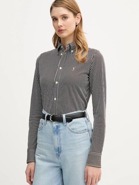 Polo Ralph Lauren koszula bawełniana damska kolor brązowy slim z kołnierzykiem klasycznym 211910131 - zdjęcie produktu nr 1