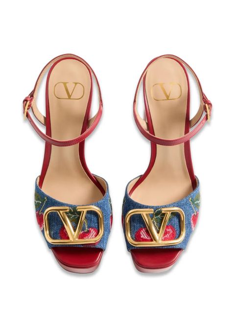 Valentino Garavani Vlogo Signature platform denim sandals with Cherryfic embroidery 115mm - Blue