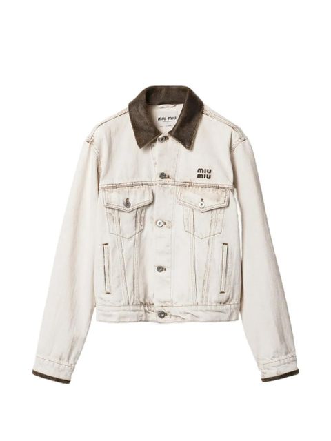 Miu Miu bleached leather-collar denim jacket - Neutrals - zdjęcie produktu nr 1