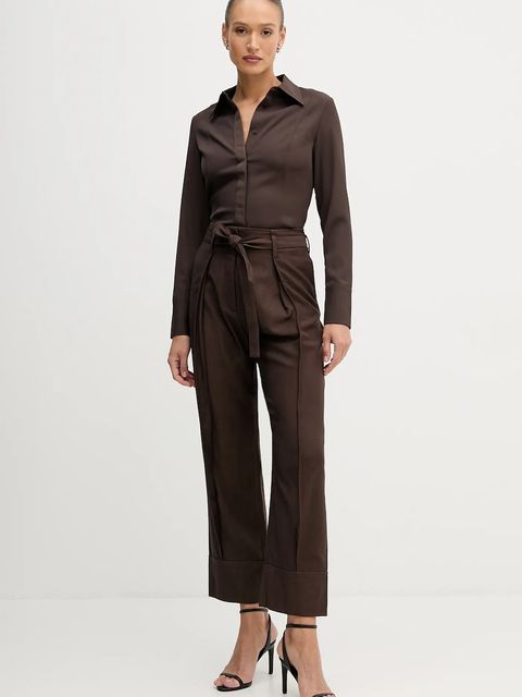 Sisley spodnie damskie kolor brązowy szerokie high waist 4ETSLF082 - zdjęcie produktu nr 2