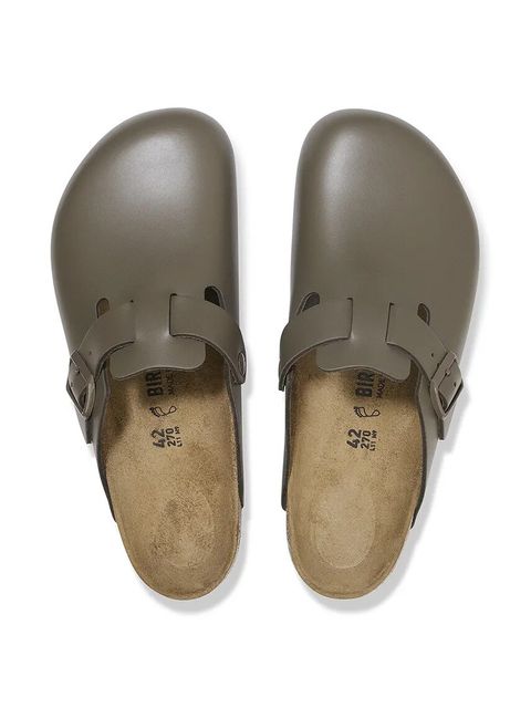 Birkenstock klapki skórzane Boston NL damskie kolor zielony na platformie 1029156