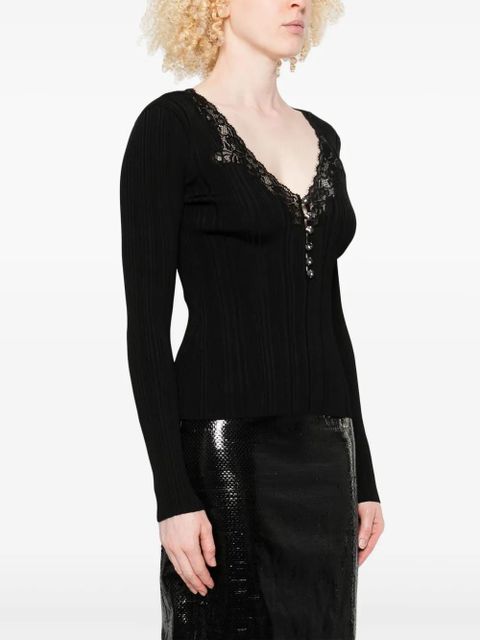 Self-Portrait lace-trimmed ribbed top - Black