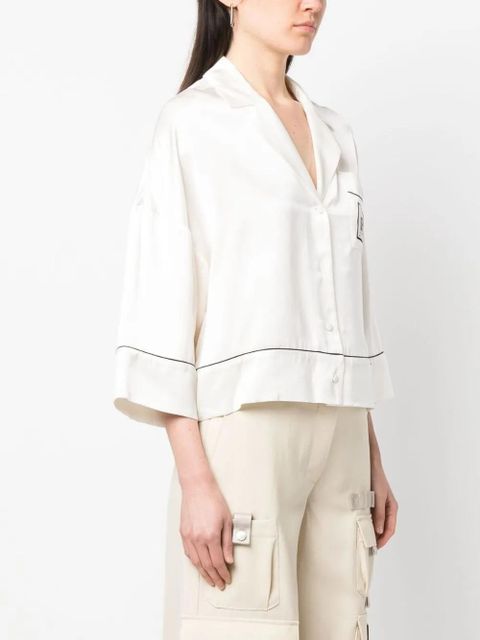 Off-White Satin Pajama Crop Shirt