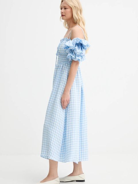 The Sleeper sukienka lniana kolor niebieski midi rozkloszowana ALDR01G027N