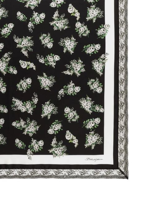 Dolce & Gabbana 90x90 small flower bouquet-print silk twill scarf with lace insert - Black - zdjęcie produktu nr 2