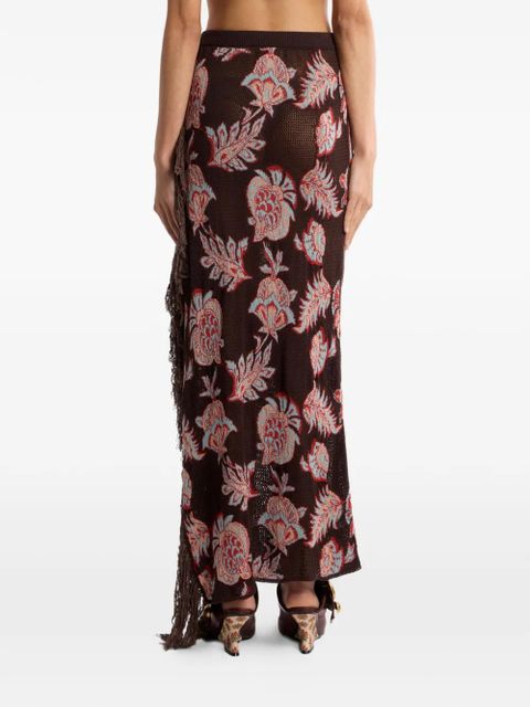 ETRO fringed floral-print asymmetric skirt - Brown