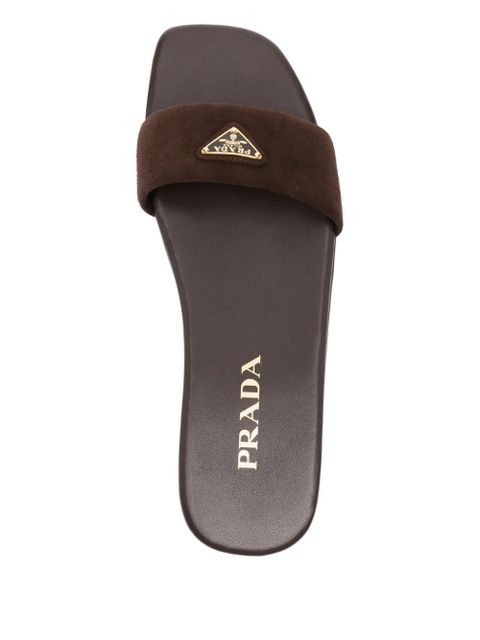 Prada logo-plaque leather slides - Brown