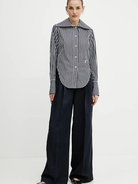 BOSS spodnie z domieszką lnu damskie kolor granatowy proste high waist 50538045 - zdjęcie produktu nr 2