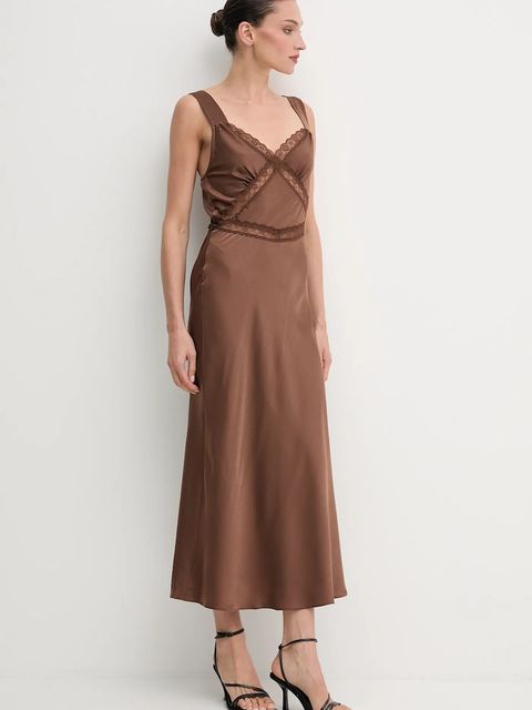 Bardot sukienka kolor brązowy maxi rozkloszowana 58603DB