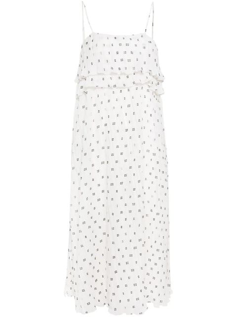 GANNI monogram-print plissé midi dress - White