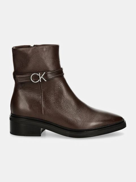 Calvin Klein botki skórzane HEEL ANKLE BOOT 30 W/HW LTH damskie kolor brązowy na płaskim obcasie HW0HW02183