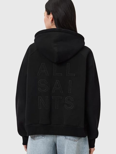 AllSaints bluza STACKS damska kolor czarny z kapturem z aplikacją W131JC
