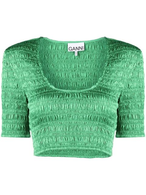 GANNI cropped smocked top - Green - zdjęcie produktu nr 1