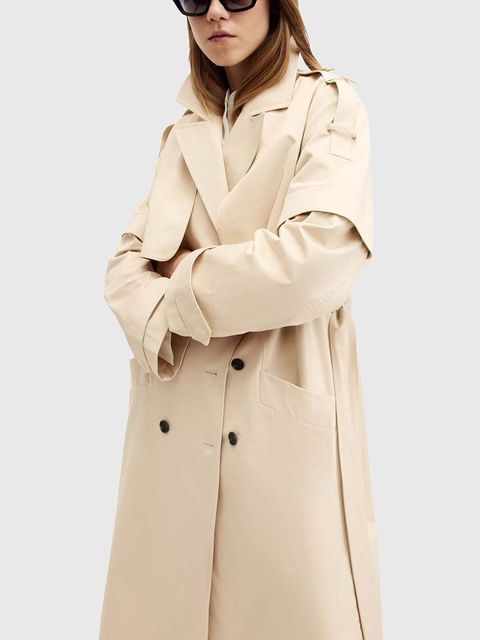 AllSaints trencz bawełniany CLYDE kolor biały przejściowy dwurzędowy W021OB