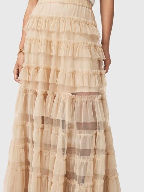 AllSaints spódnica kolor beżowy maxi rozkloszowana W071RD