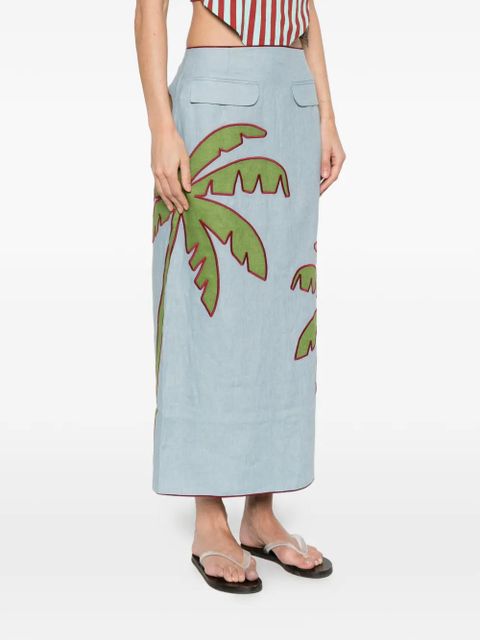 FARM Rio embroidered palm-tree midi skirt - Blue
