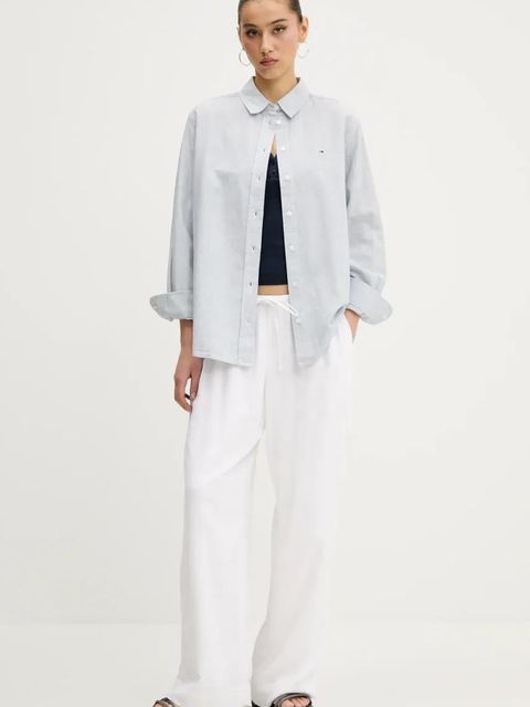 Tommy Jeans koszula z domieszką lnu damska kolor szary regular z kołnierzykiem klasycznym DW0DW20292