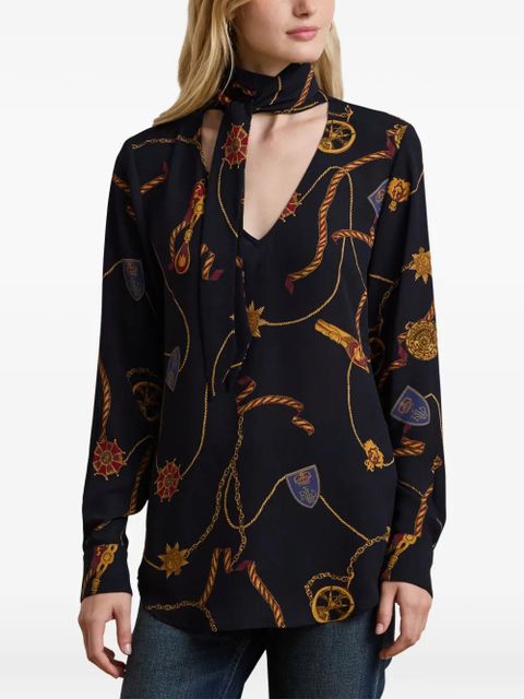 Lauren Ralph Lauren chain-print tie-neck blouse - Blue